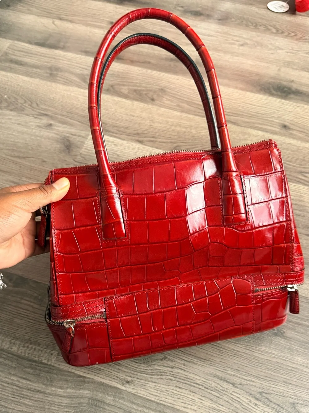 Red Croc-Embossed Structured Satchel Handbag